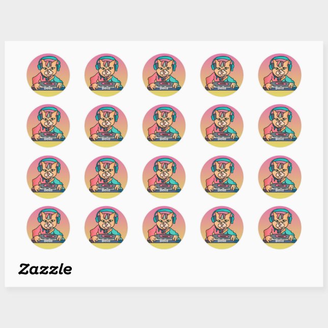 Sticker Rond Street Retro Chat avec casque | Drôle (Feuille)