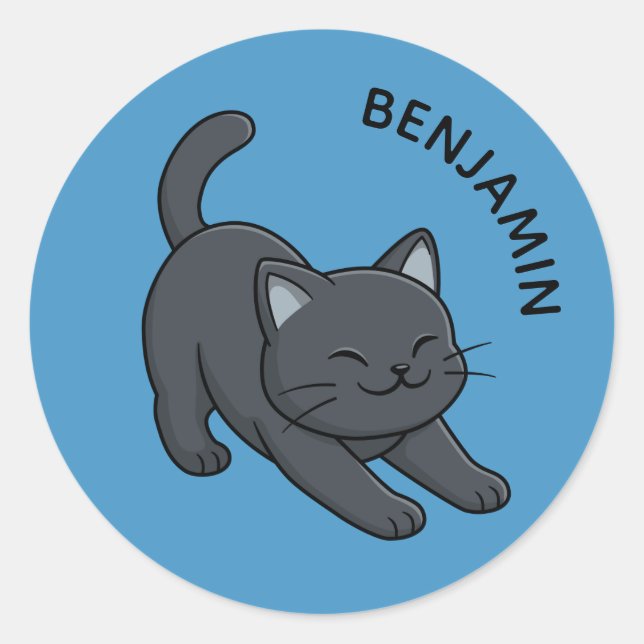 Sticker Rond Stretching Black Cat on Blue Custom Name (Devant)