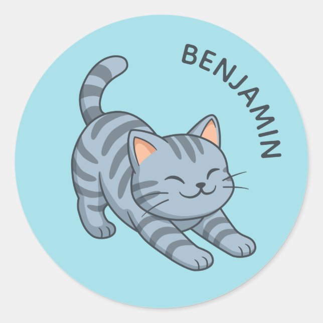 Sticker Rond Stretching Grey Tabby Cat Blue Custom Name (Devant)