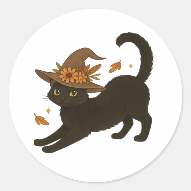 Sticker Rond Stretting Chat Noir - Witchy Automne Classique T-S (Devant)