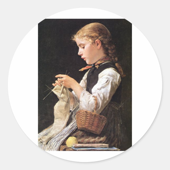 Sticker Rond Strickendes Mädchen Tricot fille (Devant)