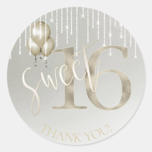 Sticker Rond String Lights & Balloons Sweet 16 Champagne ID473