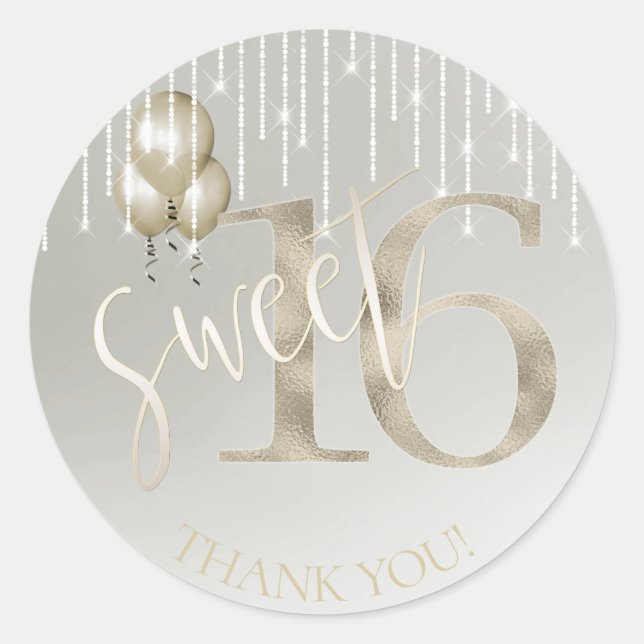 Sticker Rond String Lights & Balloons Sweet 16 Champagne ID473 (Devant)