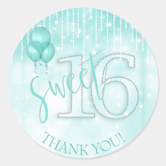 Sticker Rond String Lights & Balloons Sweet 16 ID Turquoise473 (Devant)