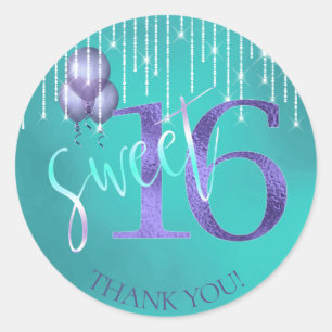 Sticker Rond String Lights & Balloons Sweet 16 TealPurple ID473