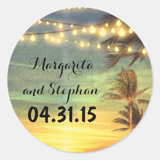 Sticker Rond String Lights Palms Beach Sunset Mariage (Devant)
