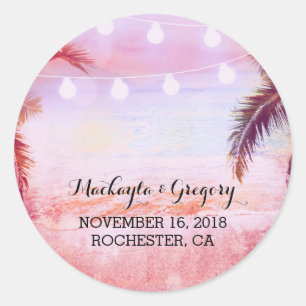 Sticker Rond String Lights Palms Beach Sunset Purple Mariage