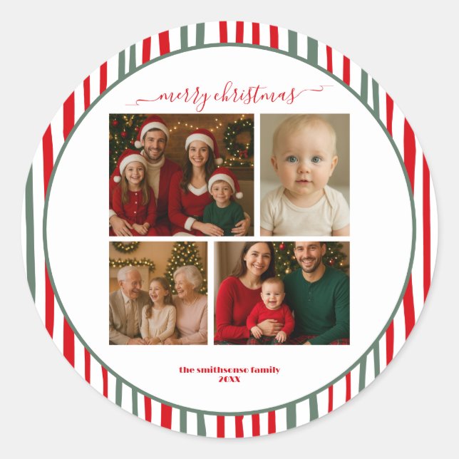 Sticker Rond Stripes four family Photo merry Christmas (Devant)