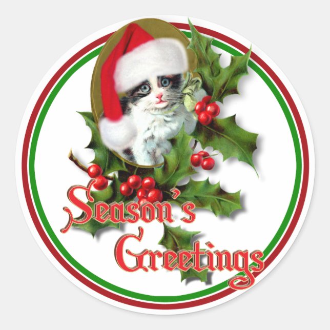 Sticker Rond Style ancien Noël Kitten Bonnes Fêtes (Devant)