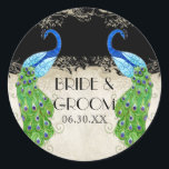 Sticker Rond Style Art Déco Peacock Black Faveur Tags Cadeaux S<br><div class="desc">PALETTE DE COULEUR : noir, crème, tan, bleu aqua, bleu royal, vert, violet et or. COLLECTION DESIGN : Il s'agit de collants ou de sceaux correspondants pour enveloppes ou à utiliser sur les faveurs pour réceptions et douches nuptiales. Cette oeuvre est un mélange d'aquarelles flambant neuves d'Audrey Jeanne Roberts et...</div>