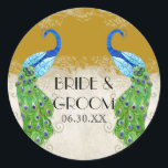 Sticker Rond Style Art Déco Peacock Gold Favoriser Tags Cadeaux<br><div class="desc">PALETTE DE COULEUR : or, crème, bronze, bleu aqua, bleu royal, vert, violet et or. COLLECTION DESIGN : Il s'agit de collants ou de sceaux correspondants pour enveloppes ou à utiliser sur les faveurs pour réceptions et douches nuptiales. Cette oeuvre est un mélange d'aquarelles flambant neuves d'Audrey Jeanne Roberts et...</div>