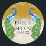 Sticker Rond Style Art Déco Peacock Gold Favoriser Tags Cadeaux<br><div class="desc">PALETTE DE COULEUR : or, crème, bronze, bleu aqua, bleu royal, vert, violet et or. COLLECTION DESIGN : Il s'agit de collants ou de sceaux correspondants pour enveloppes ou à utiliser sur les faveurs pour réceptions et douches nuptiales. Cette oeuvre est un mélange d'aquarelles flambant neuves d'Audrey Jeanne Roberts et...</div>