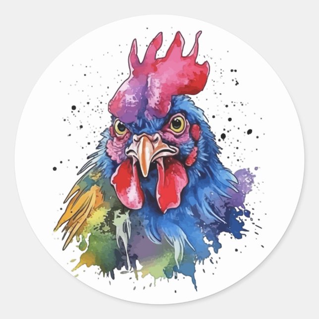 Sticker Rond Style d'aquarelle de poulet du coq du pays (Devant)