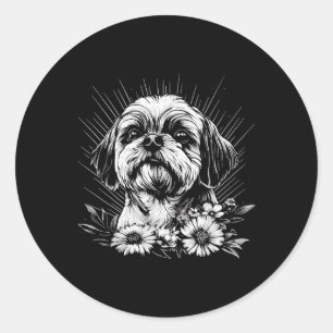 Sticker Rond Style de tatouage rétro Shih Tzu Amoureux des chie