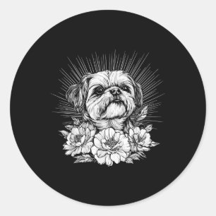 Sticker Rond Style de tatouage rétro Shih Tzu Amoureux des chie