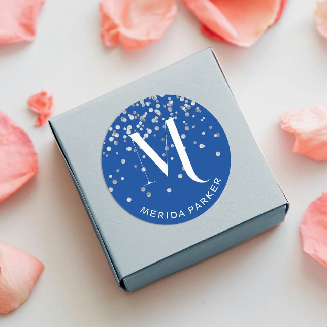 Sticker Rond Stylé Glam Argent Pailleté Bleu  Nom Monogramme  (Créateur téléchargé)