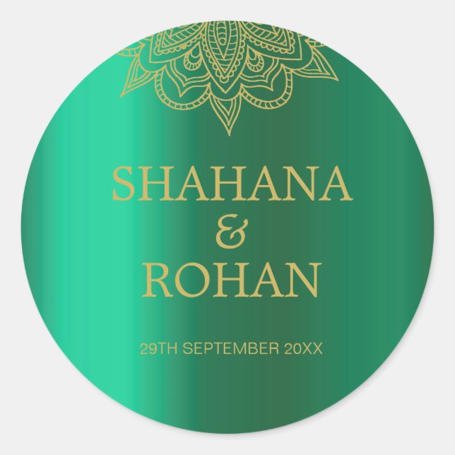 Sticker Rond Style indien Vert or couleur Mariage moderne (Devant)
