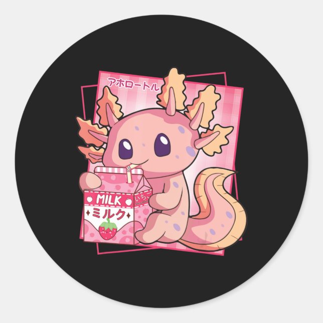 Sticker Rond Style japonais Kawaii Axolotl Anim de Lait fraise (Devant)