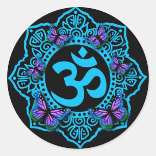 Sticker Rond Style mandala bleu ohm avec papillons violets