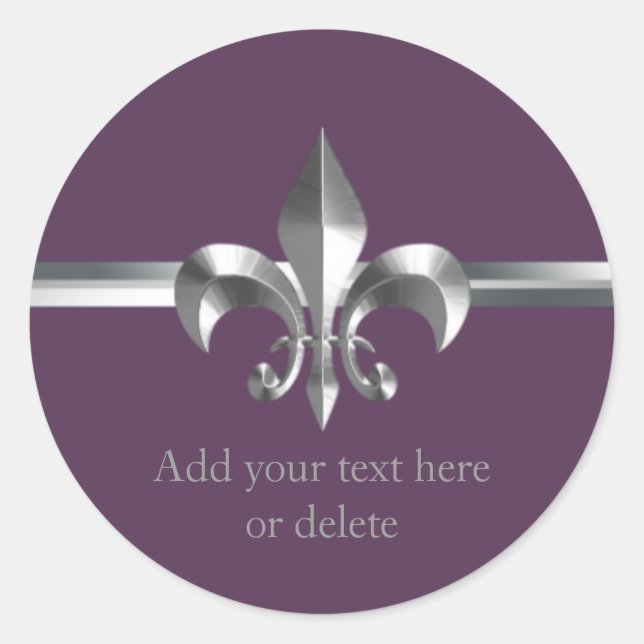 Sticker Rond Style Métal Brossé Violet Fleur de Lis Argent (Devant)