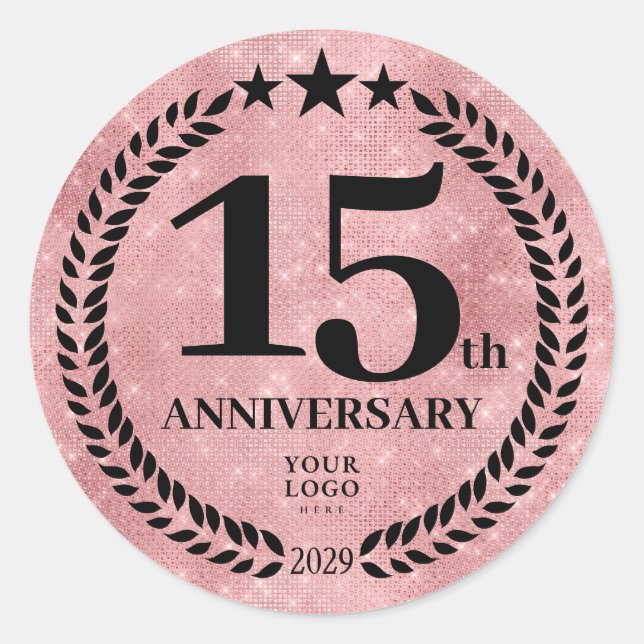 Sticker Rond Style Parties scintillant rose 15e anniversaire lo (Devant)