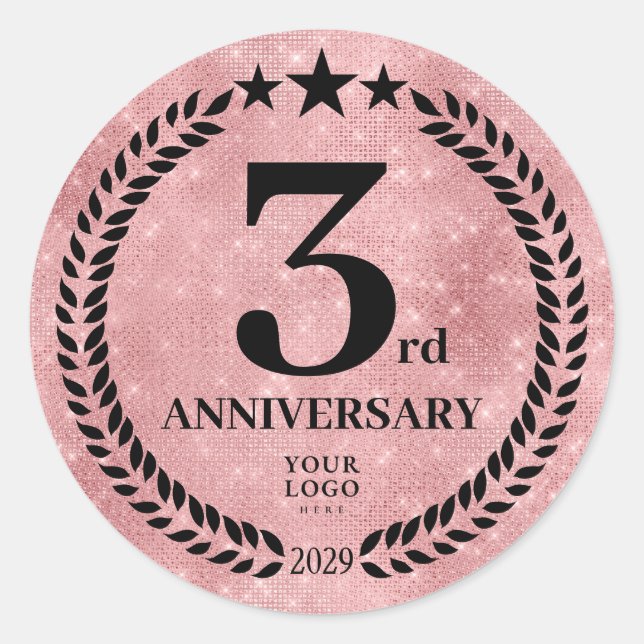 Sticker Rond Style Parties scintillant rose 3e anniversaire Log (Devant)