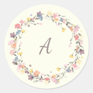 Sticker Rond Stylé Pastel Floral Wreath Monogramme Personnalisé