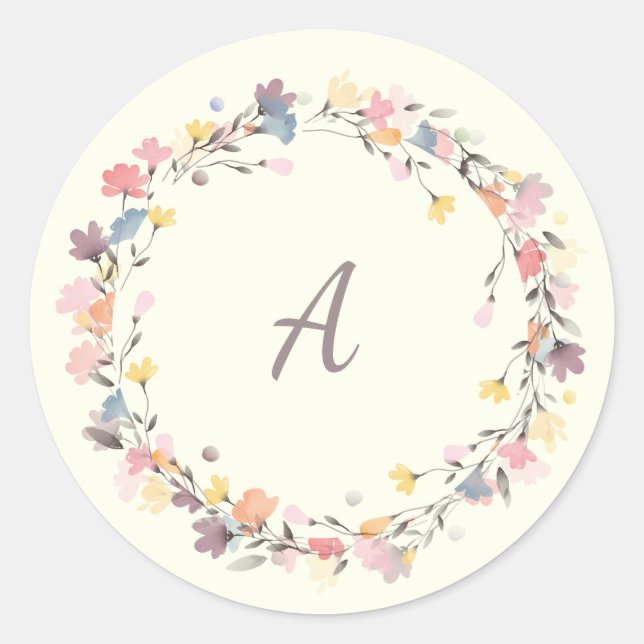 Sticker Rond Stylé Pastel Floral Wreath Monogramme Personnalisé (Devant)