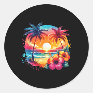 Sticker Rond Style Rétro Tropical Vintage Sunset Beach Palm Tre