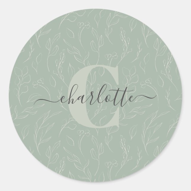 Sticker Rond Style rustique Sage vert Botanique Nom floral (Devant)