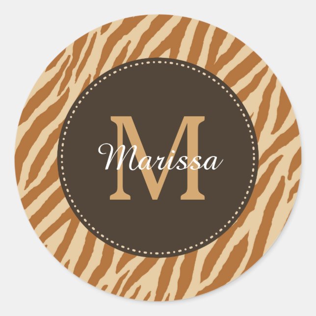 Sticker Rond Stylé Tawny Brown Zebra Imprimer Monogramme et nom (Devant)