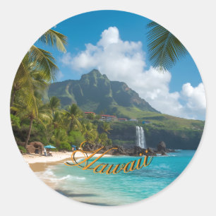 Sticker Rond Style Vintage Hawaïen Palmiers Mer Bleu Ciel Voyag