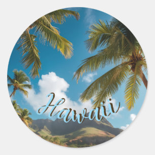 Sticker Rond Style Vintage Hawaïen Palmiers Mer Ciel Voyage