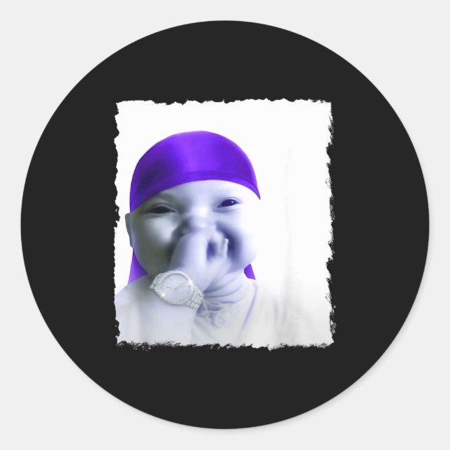 Sticker Rond Stylish Ai Baby Holding Back Laugh Gigging Meme  (Devant)