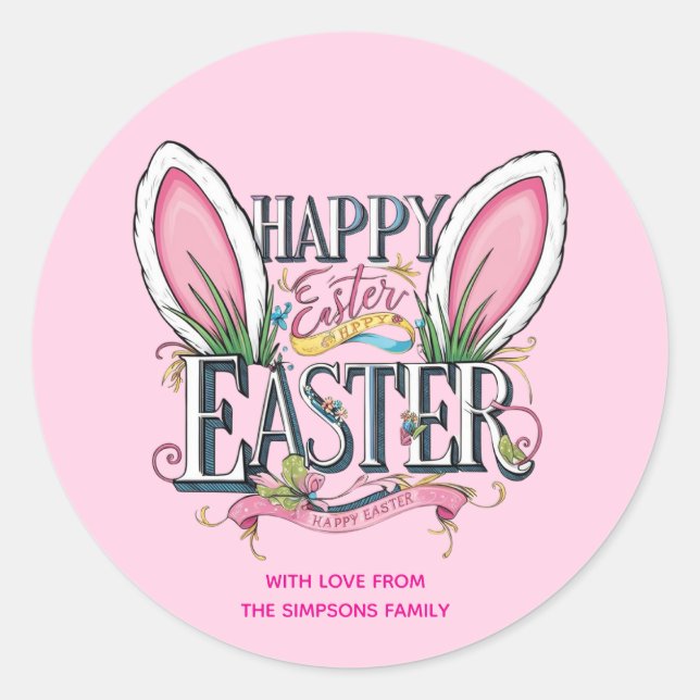 Sticker Rond Stylish bunny ears pink Happy Easter (Devant)
