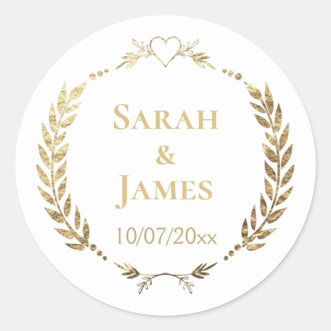 Sticker Rond Stylish Gold Wreath avec / Coeur Mariage personnal (Devant)