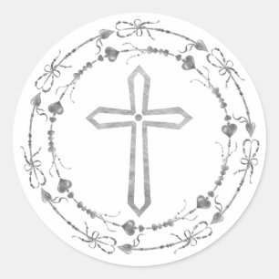 Sticker Rond Stylish Grey Cross Boho Wreath Baptism