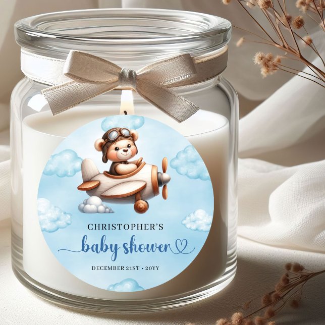 Sticker Rond Stylish Teddy Bear Pilot Airplane Blue Brown Baby  (Stylish Teddy Bear Pilot Airplane Blue Brown Baby Shower Sticker

)