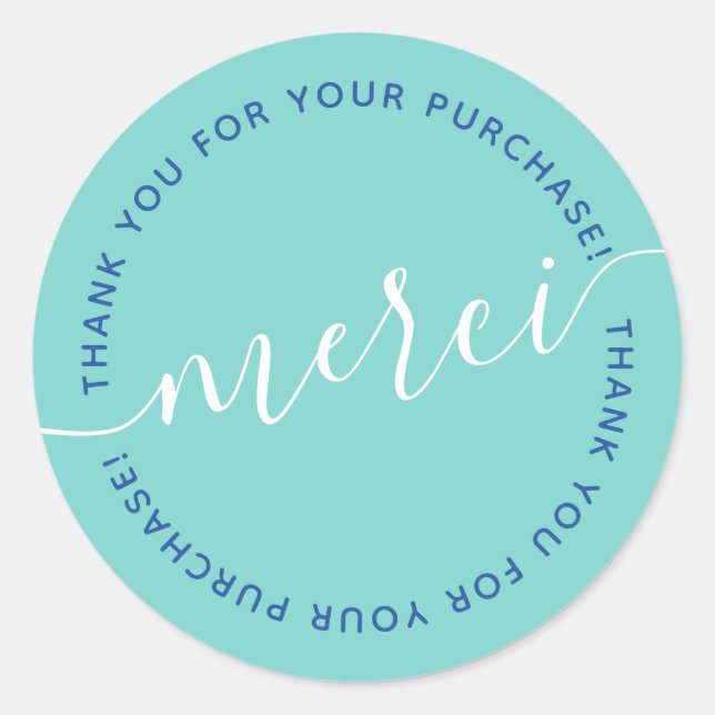 Sticker Rond Stylish turquoise blanc script merci (Devant)