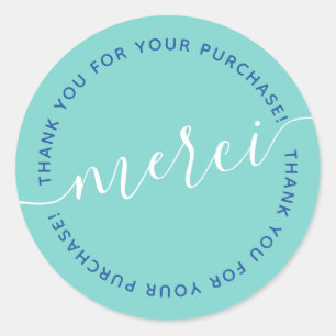 Sticker Rond Stylish turquoise blanc script merci