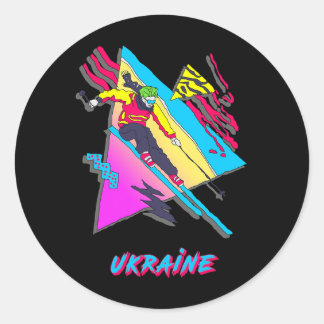 Sticker Rond Stylish Ukraine Skiing Adventure Graphic 