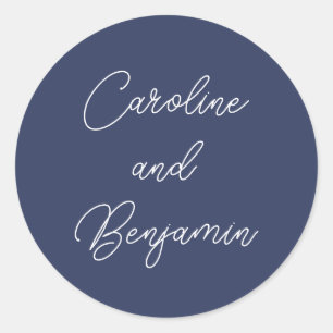Sticker Rond Stylo moderne Mariage de script Noms Marine Bleu