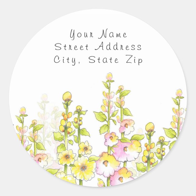Sticker Rond "Stylo rose jaune et aquarelle Hollyhocks Étiquett (Devant)