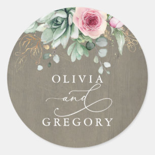 Sticker Rond Succulents et fleurs roses Mariage rustique