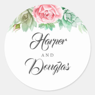 Sticker Rond Succulents Mariage rose Floral