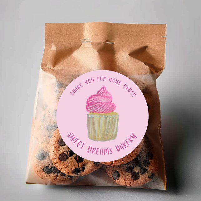 Sticker Rond Sucré Cupcake Restauration Boulangerie Rose ORDRE  (Sweet Cupcake Catering Bakery Pink ORDER THANK YOU Classic Round Sticker
)