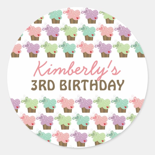 Sticker Rond Sucré Cupcakes Papillons Whimsical Girl Anniversai (Devant)