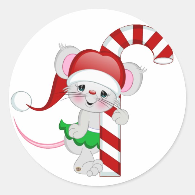 Sticker Rond Sucre de canne de la souris de Noël (Devant)