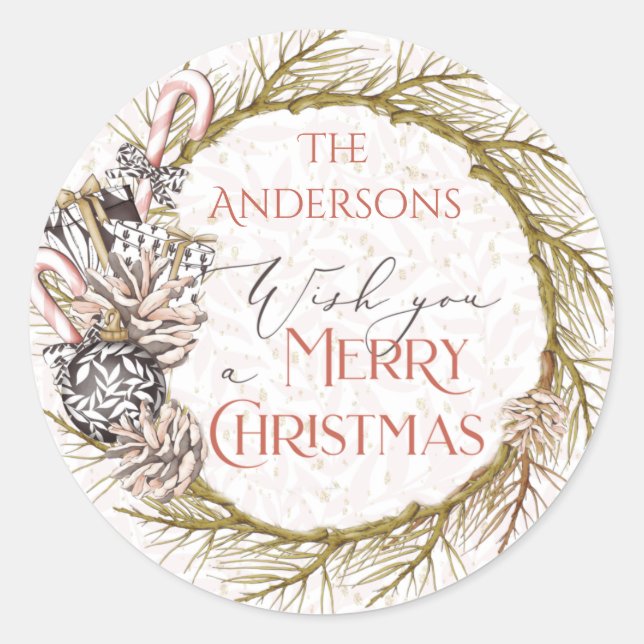 Sticker Rond Sucre de canne de pin de campagne Joyeux Noël (Devant)