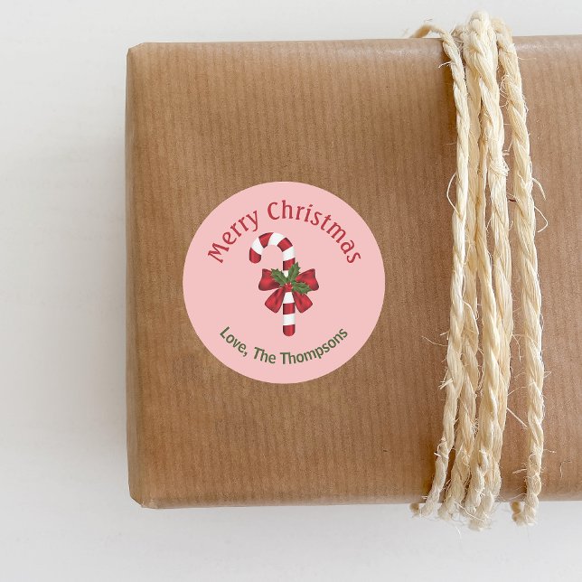 Sticker Rond Sucre de canne Rouge Et Blanc Avec Joyeux Texte De (Festive candy cane design for the Holiday season. Personalize with your custom text.)